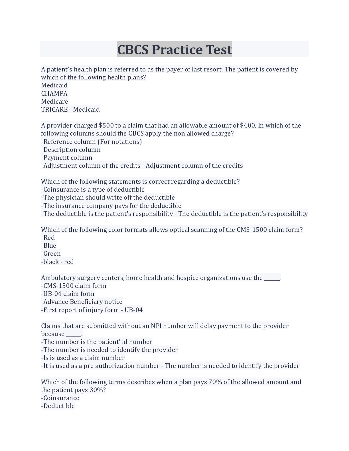 Preview image for CBCS Practice Test Questions And Answers